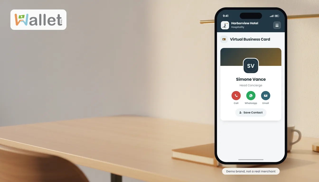 The Virtual Business Card screen in a branded Wallet.