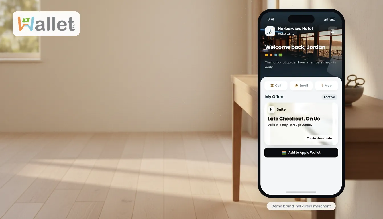 A branded loyalty pass with an Add to Apple Wallet button, in a branded Wallet.