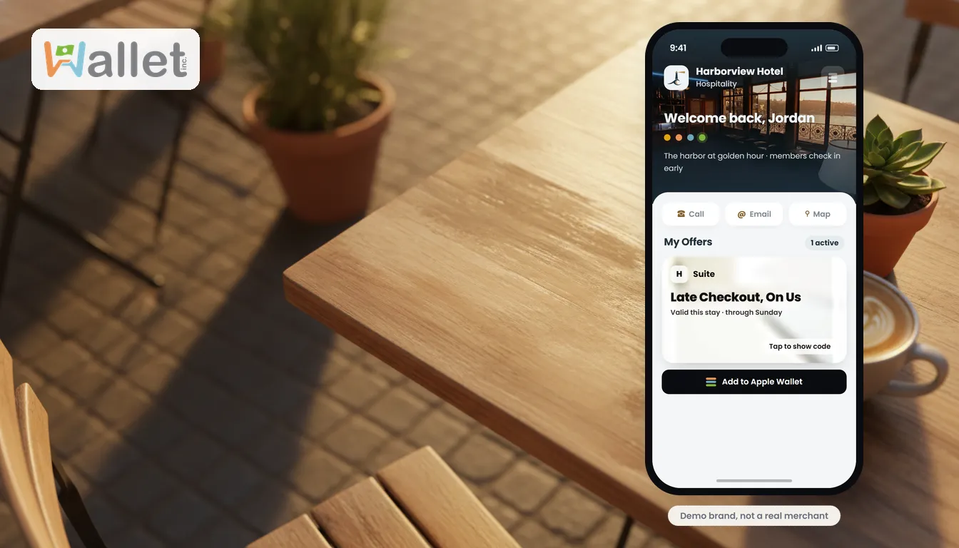 A branded mobile wallet showing tap-to-call, email, and directions plus Add to Apple Wallet, on a phone.