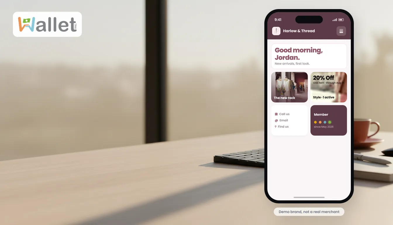 A branded wallet home a customer reaches with a texted code, no password.