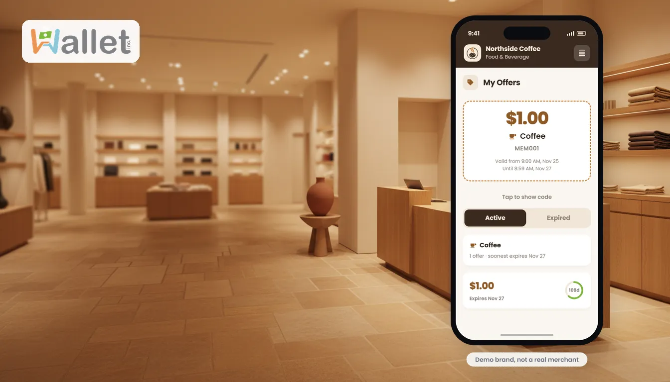 A branded offer in a wallet with a tap-to-show redemption code.