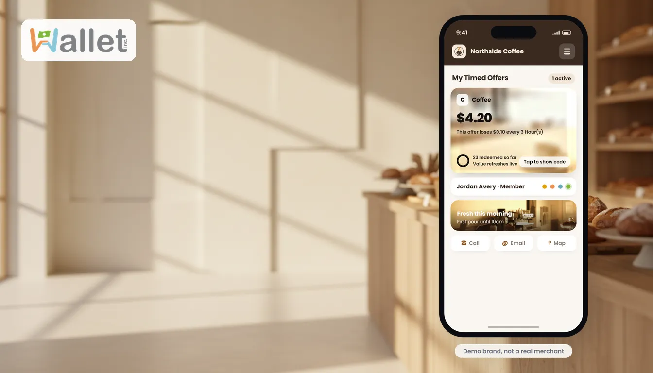 The My Timed Offers screen in a branded Wallet, set on a warm cafe background.