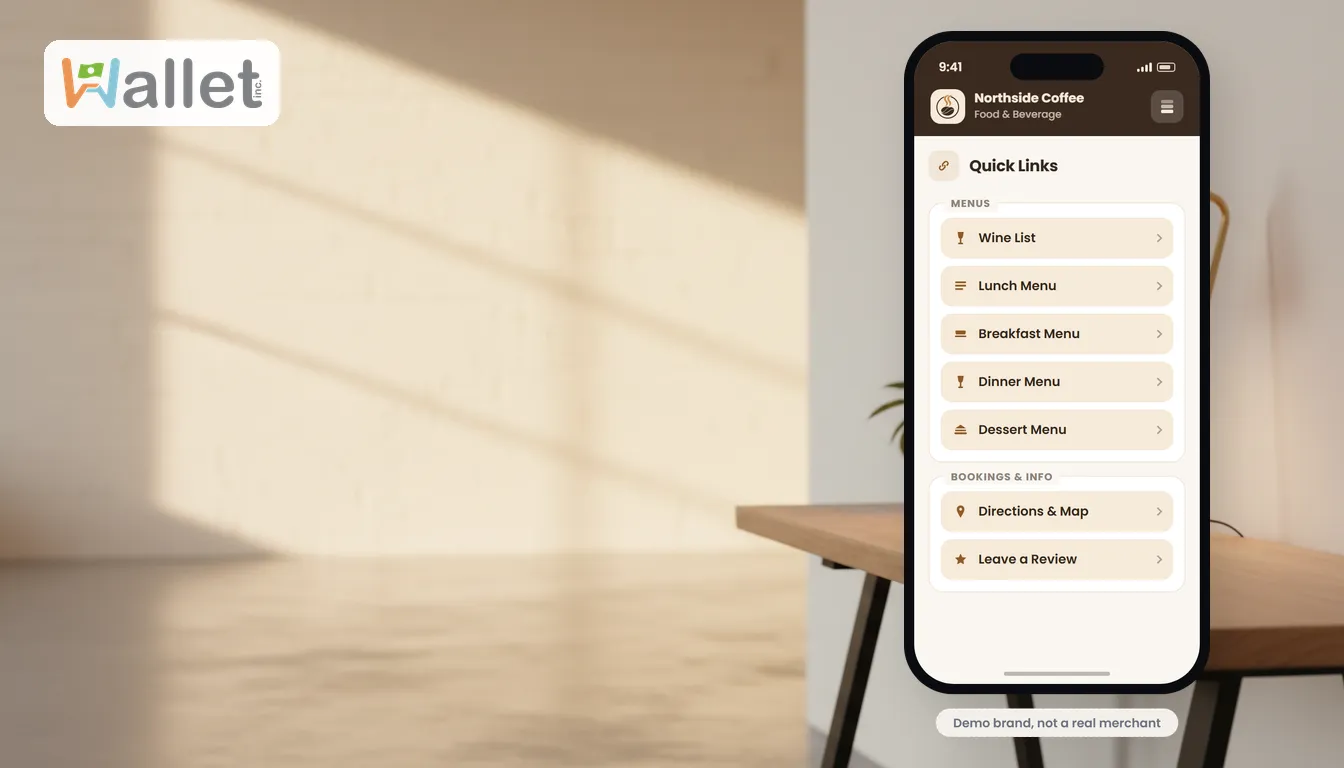 The Quick Links (link in bio) screen in a branded Wallet.