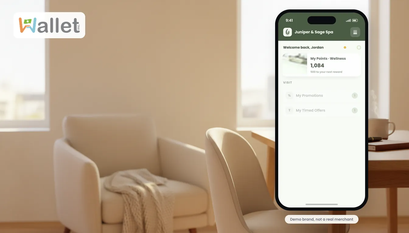 A branded digital wallet on a phone, holding rewards and contact.